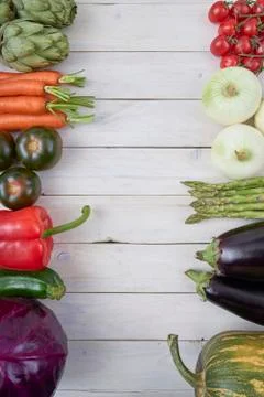 Top view of raw vegetables for posters and healthy food menus. Stock Photos