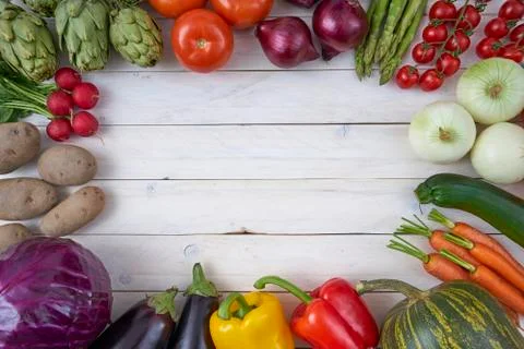 Top view of raw vegetables for posters and healthy food menus. Stock Photos
