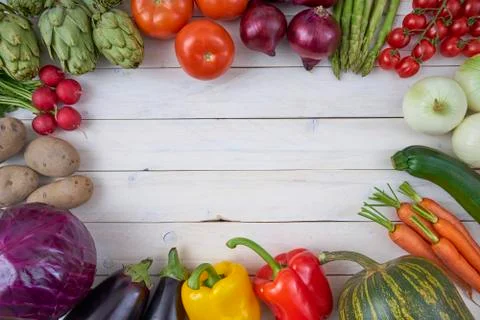 Top view of raw vegetables for posters and healthy food menus. Фото
