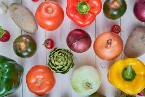 Top view of raw vegetables for posters and healthy food menus. Organic agricu Stock Photos
