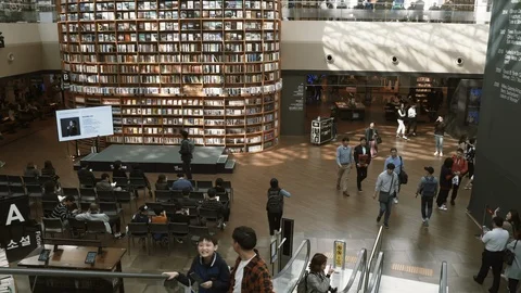 Top view of reading area of Starfield Library. People walking. Stock Footage 105442581