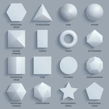 Top view realistic white math basic 3d shapes vector set. Three dimensional Stock Illustration
