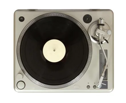 Top view of a record-player with a vinyl record on a white background Stock Photos