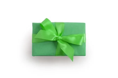 Top view of rectangular present box with green ribbon isolated on white Stockfoto's
