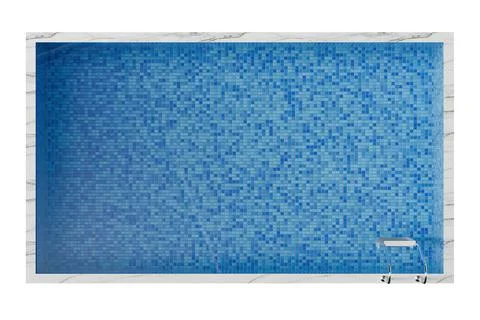 Top view of a rectangular swimming pool featuring vibrant blue mosaic tiles.. Stock Photos
