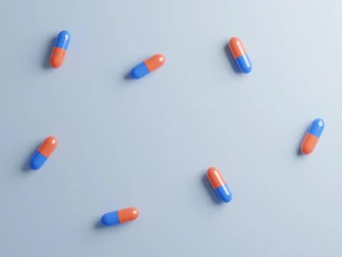 Top view of red and blue capsules on blue background. 3d render. Coronavirus Stock Illustration