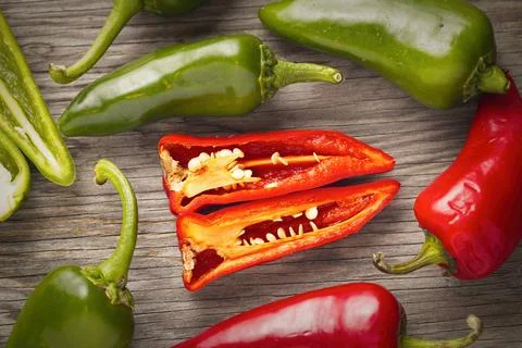 Top view of red and green peppers. Stock Photos