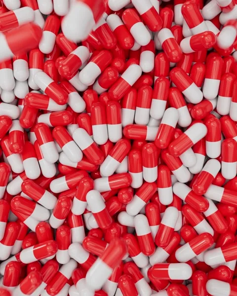 Top view of red and white pill capsules background Видео 330162100