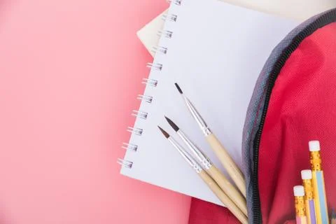 Top view Red bag backpack for education children Stock Photos