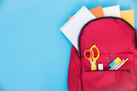 Top view Red bag backpack for education children Foto stock