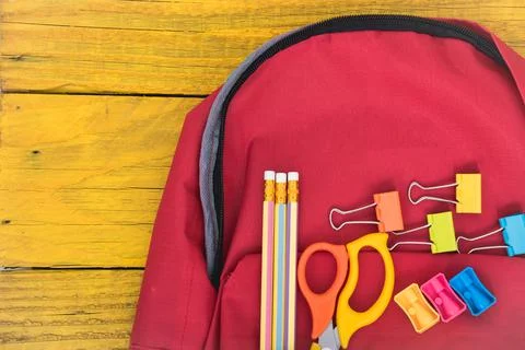 Top view Red bag backpack for education children Stock Photos