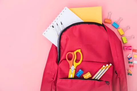 Top view Red bag backpack for education children 스톡 사진