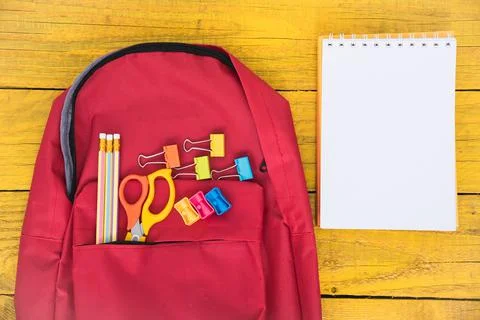 Top view Red bag backpack for education children Stock Photos