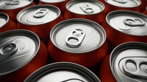 Top view of red can of soda or beer rotate background Stock Footage 106740829