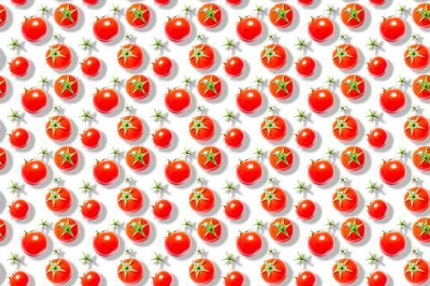 Top view of red cherry tomatoes isolated on white background. Seamless pattern Stock Photos