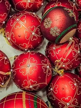 Top View of Red Christmas Tree Ornaments Stock Photos