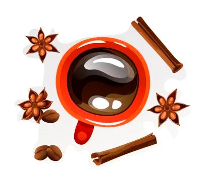 Top view on a red cup with coffee, beans, spices Stock Illustration