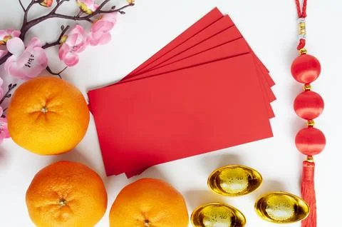 Top view of red envelopes with customizable space for text or greetings. Co.. Stock Photos