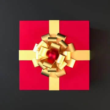 Top view of red gift box with gold ribbon and bow with copy space. Stock Illustration