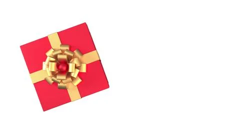 Top view of red gift box with gold ribbon and bow with copy space. 3d render. Illustrazione stock