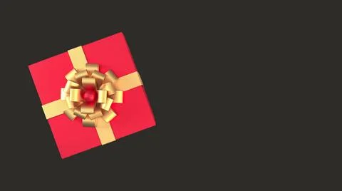 Top view of red gift box with gold ribbon and bow with copy space. 3d render. Stock Illustration