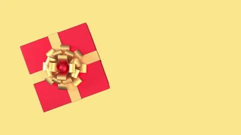 Top view of red gift box with gold ribbon and bow with copy space. 3d render. Stock Illustration