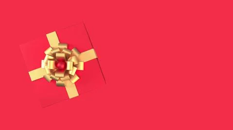 Top view of red gift box with gold ribbon and bow isolated on red backgroun.. Stock-Illustration