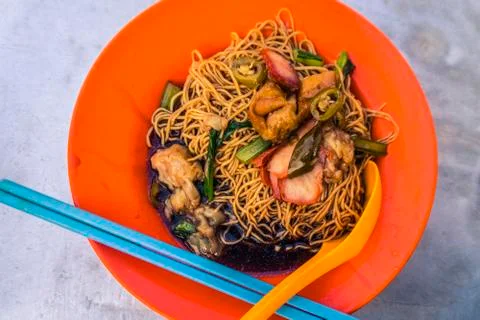 Top view of red pork with egg noodles Stock Photos