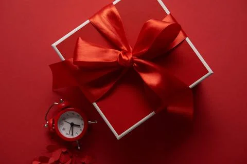 Top view red present silk Stock Photos