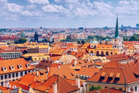 Top view to red roofs skyline of Prague city, Czech Republic. Aerial view of  Stock Photos