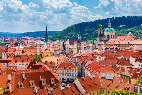 Top view to red roofs skyline of Prague city, Czech Republic. Aerial ...