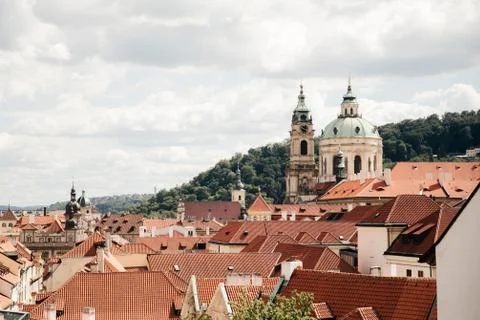 Top view to red tile roofs of Prague city Stock Photos