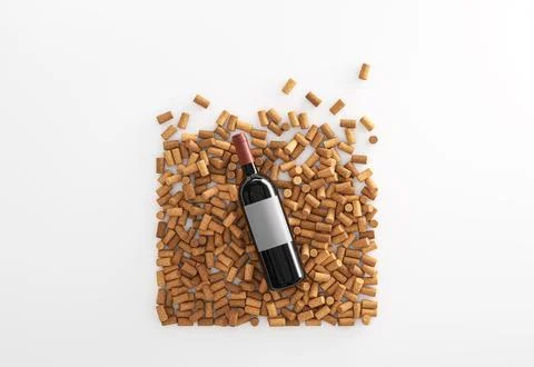 Top view of red wine bottle over wine corks Ilustração Stock