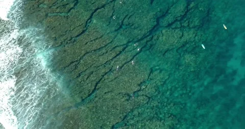 Top view of the reef, surfers and waves on the island of Mauritius Stock Footage 145256244