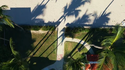 Top view: residence with paths, palms and lawn into tourist beach Stock Footage 314519029