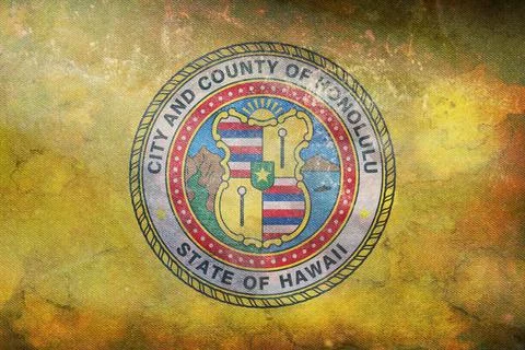 Top view of retro county of Honolulu, Hawaii flag with grunge texture, USA, n Stock Illustration