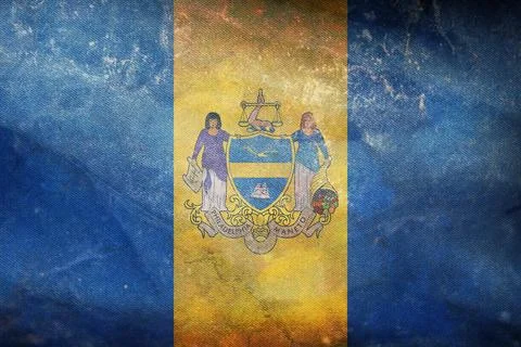 Top view of retro county of Philadelphia, Pennsylvania flag with grunge textu Stock Illustration