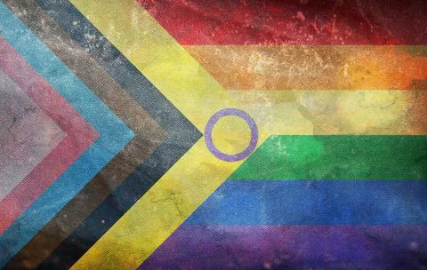 Top view of retro flag of Inter Progress Pride with grunge texture, no flagpo 스톡 일러스트
