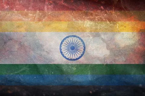 Top view of retro flag of Pride India with grunge texture, no flagpole. Plane Stock Illustration