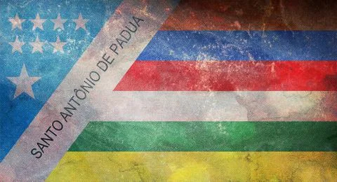 Top view of retro flag Santo Antonio de Padua, Brazil with grunge texture. Br Stock Illustration