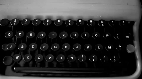 Top view of retro manual typewriter keyboard in black and white, old collection Stock Footage 147614792
