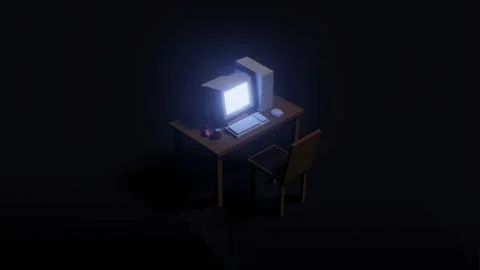 Top view of retro personal computer with Monitor, Keyboard and Mouse on a woo Illustrazione stock