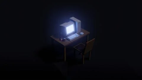 Top view of retro personal computer with Monitor, Keyboard and Mouse on a woo Stock Photos