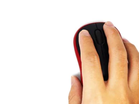 Top view right hand clicking black red mouse, white background isolated 库存照片