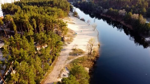 Top view, river and beach near the forest. Sunny day. Drone Aerial shoot Stock Footage
