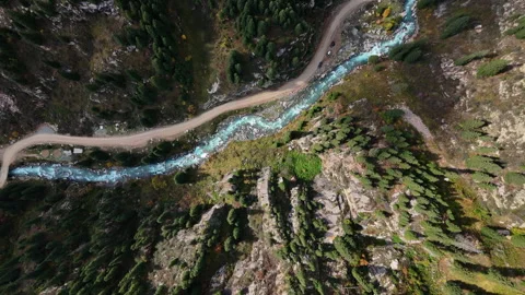 Top View of River between Rocks and Pine Trees Stock Footage 326149907