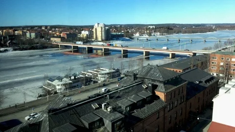 Top view of the river bridge and houses Stock Footage 112882520
