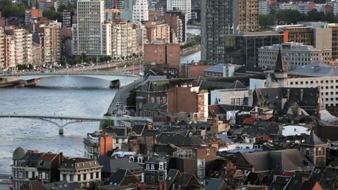 Top view of the river, bridges, and buildings in the central part of the ci.. Stock Footage 231757085