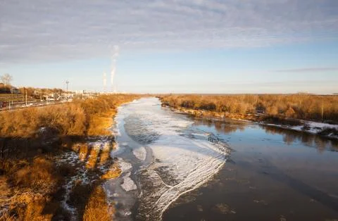 Top view of the river covered with ice Stock Photos
