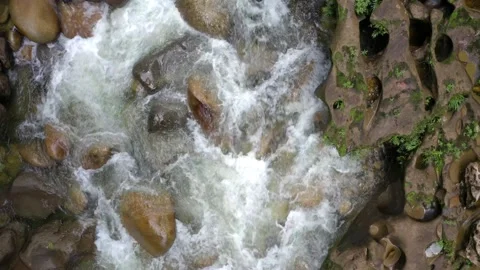Top view of a river with a fast current running alongside rocks Stock Footage 151280880